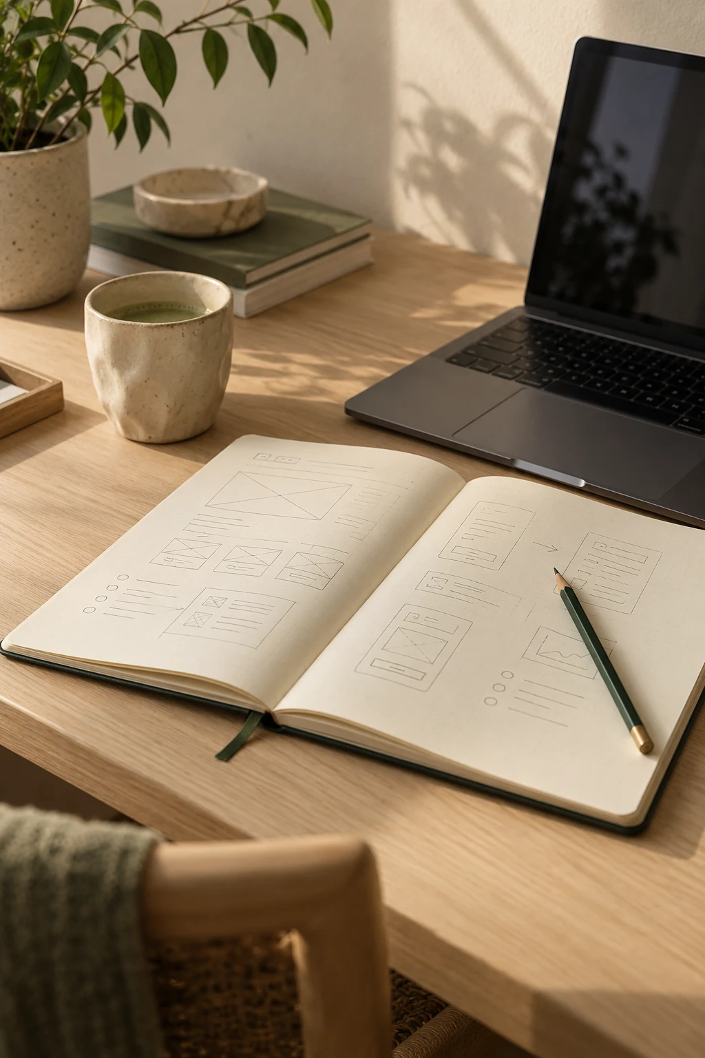 Notesbog med skitser til digitale produkter ved siden af en computer